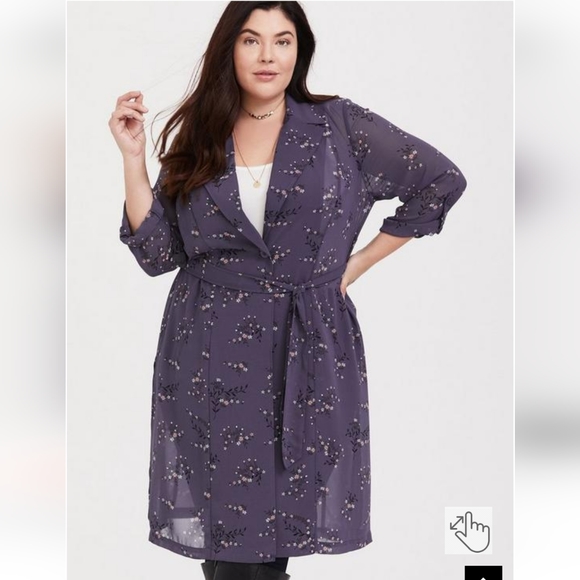 torrid Jackets & Blazers - Torrid Grey Floral Georgette Drapy Belted Trench Coat/Jacket